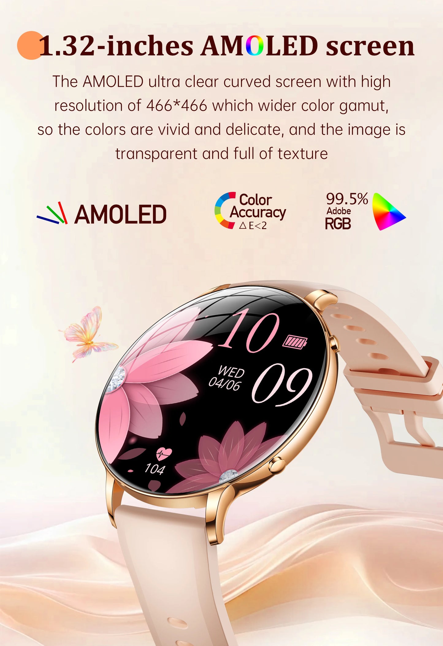 2026 durable women's new smartwatch with 1.32-inch AMOLED screen, language assistant, sports and health functions, women's watch