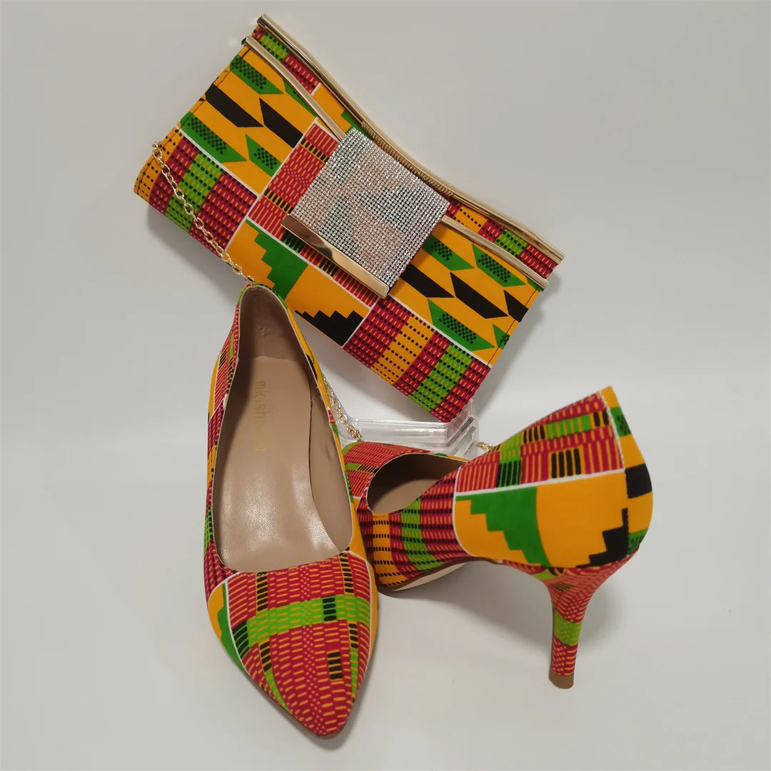 Fashion African Women Wedding Party Wax Shoes and Bag to Match Nigeria Ankara Style Print Shoes Bag Set F1110-1