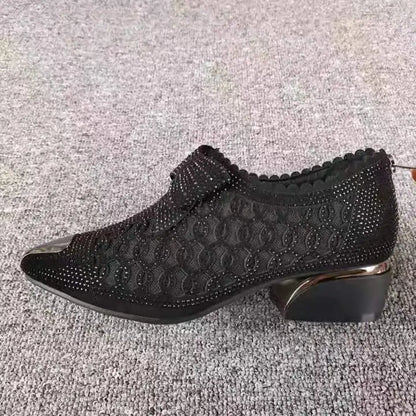Women's Pointed Toe Sandals Luxury Breathable Mesh Bowknot Rhinestone Clear Elegant Mid-Heeled Simple Pump Shoes Mesh Sandals