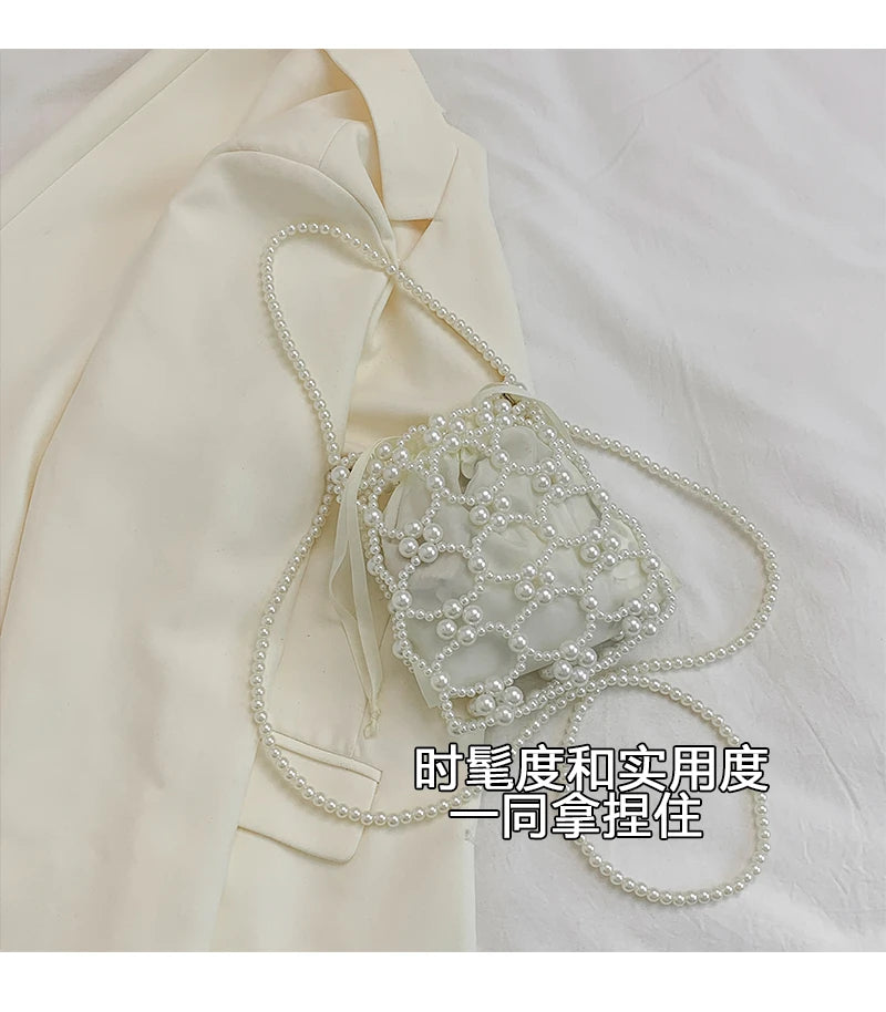White Beading Bucket Shoulder and Crossbody Bags Exquisite Sense of Luxury Fresh Party Handbags for Women 2024 Fashion on Sale