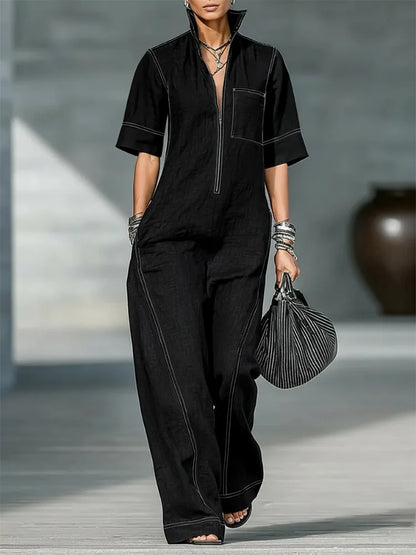 Yeezzi Women Vintage Contrast Stitch Wide Leg Jumpsuits 2026 New Half Sleeves Loose Zipper Pockets Casual Office Ladies Overalls