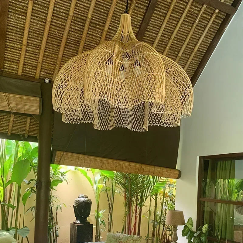 Japanese Style Wabi-sabi Retro Rattan Chandelier Creative Living Room Restaurant Box Pendants LIghts Hotel Living Room Lamps LED