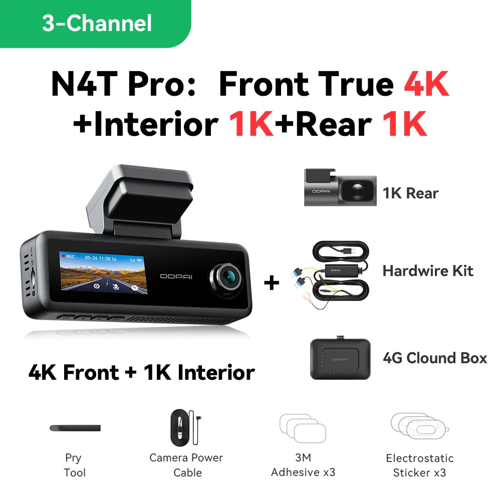 New DDPAI N4T Pro 4K+1K+1K Triple Dash Cam NightVIS 2.0 AI ISP Wi-Fi 6 ADAS GPS 4G Ready 24 7 Parking Monitoring Collision Wake Up Car DVR