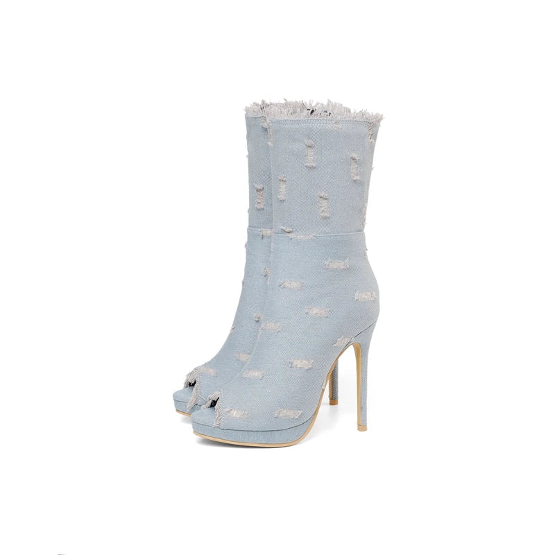 QPLYXCO Ankle Boots Women High Heels11.5cm Super Plus Size 50 51 52 Sexy Fashion Open Toe Party Spring Summer Short Boots 19-18