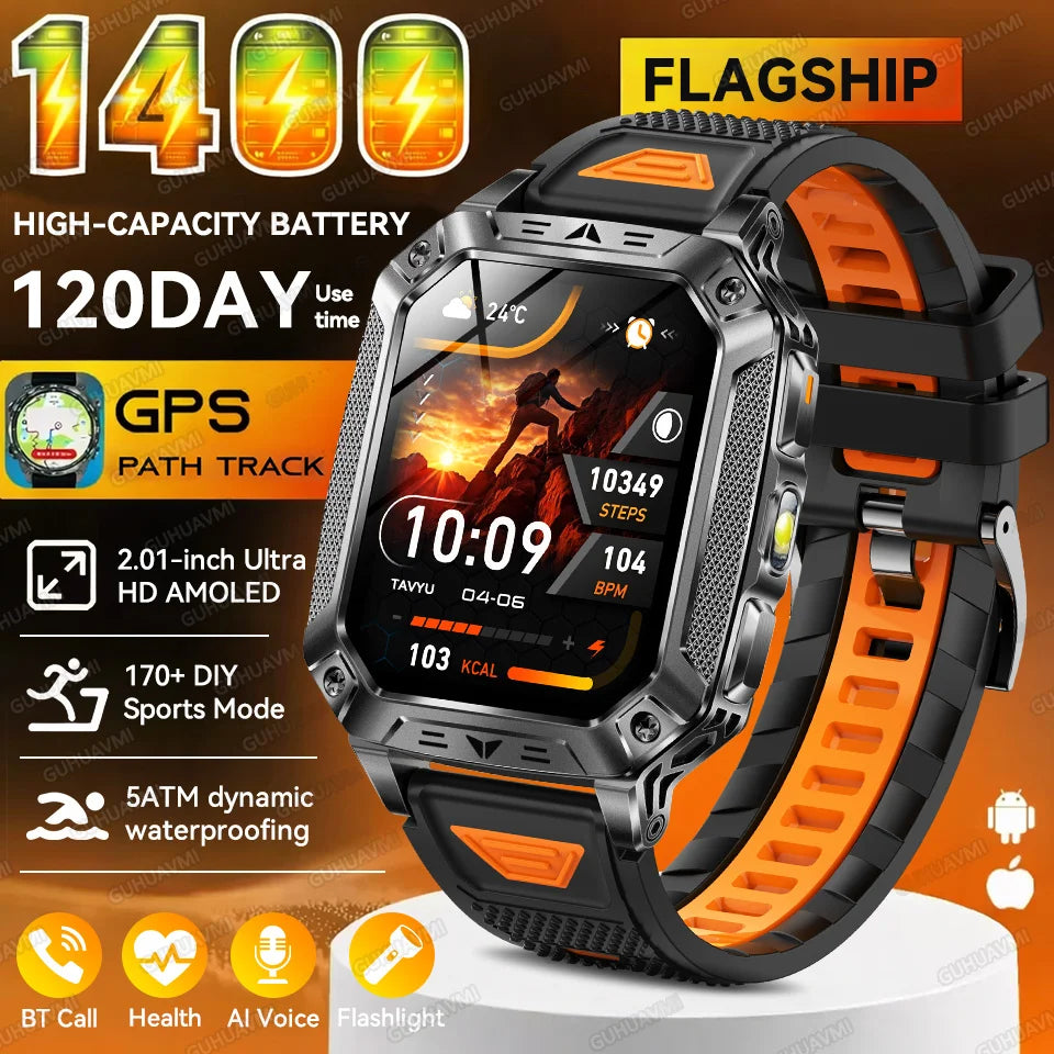 2026 New Outdoor GPS Smart Watch 1400mAh High Capacity Battery 2.01" Sapphire Screen 10ATM Waterproof Dual-color Lamp Smartwatch