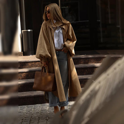 Solid Commute Women's Trench Coat Ovesized Puff Sleeve Single Breasted Long Jacket Lapel Side Slit 2026 New Autumn Lady Outwear