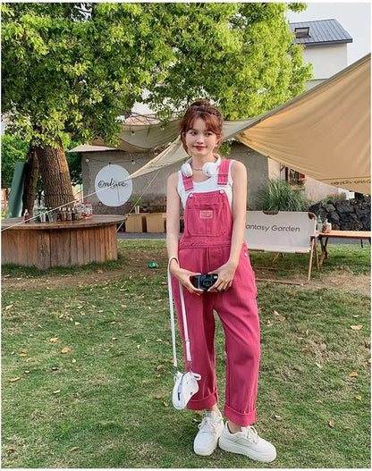 Vintage Pink Denim Overalls Adjustable Strap Wide Leg Jumpsuit Y2K Cute Campus Casual Pants