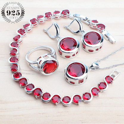 925 Sterling Silver Jewelry Sets Bridal Women Natural Magic Rainbow Zircon Earrings Ring Bracelets Pendant Wedding Necklace Set