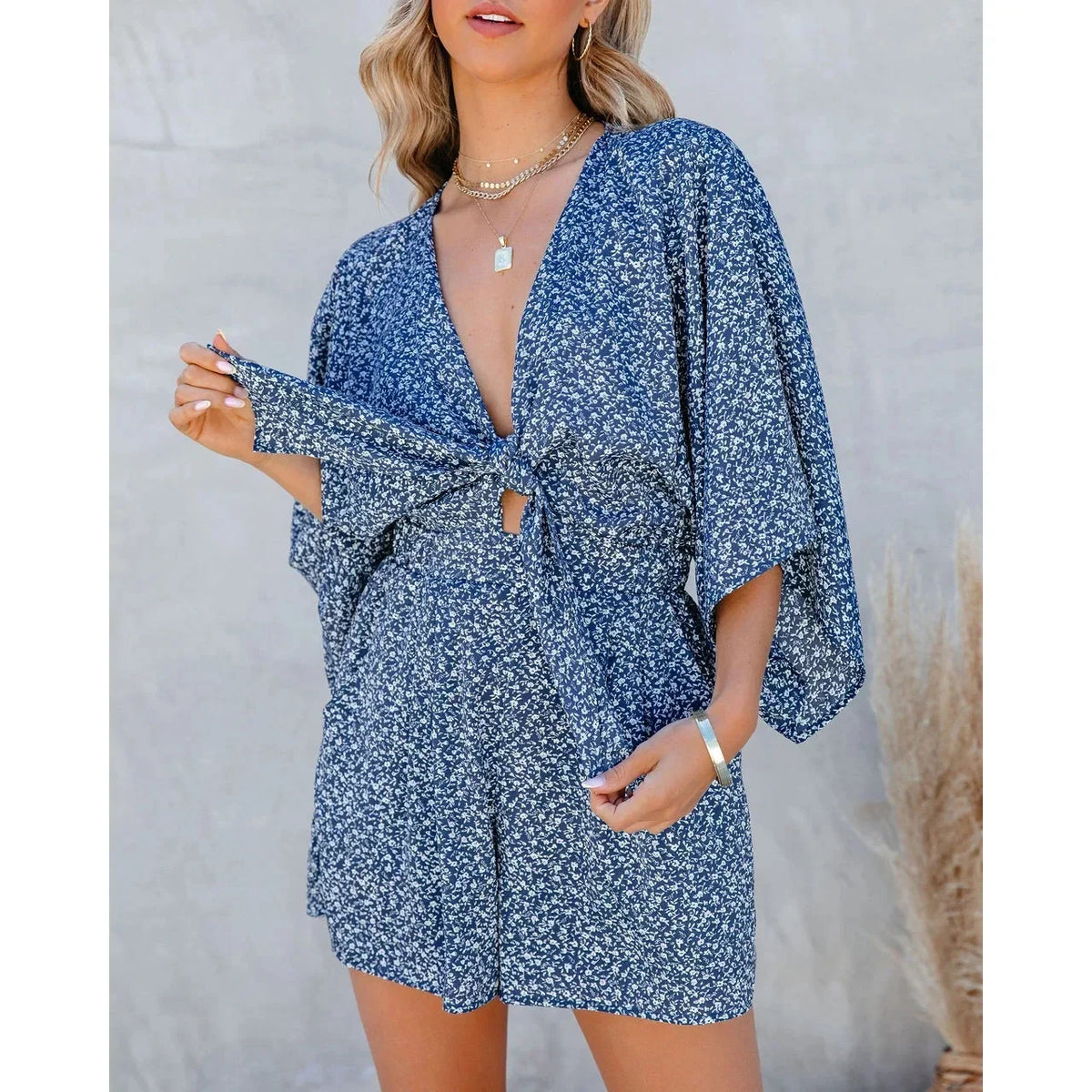 Summer Print Jumpsuit Women Rompers Sexy V Neck Short Sleeves High Waisted Wide Leg Shorts Trousers Casual Loose Jumpsuit Y2k