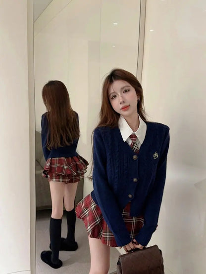 2025 improved cute sexy korea jk suit women autumn jk school uniform women shirt plaid pleated half skirt fashion two-piece set