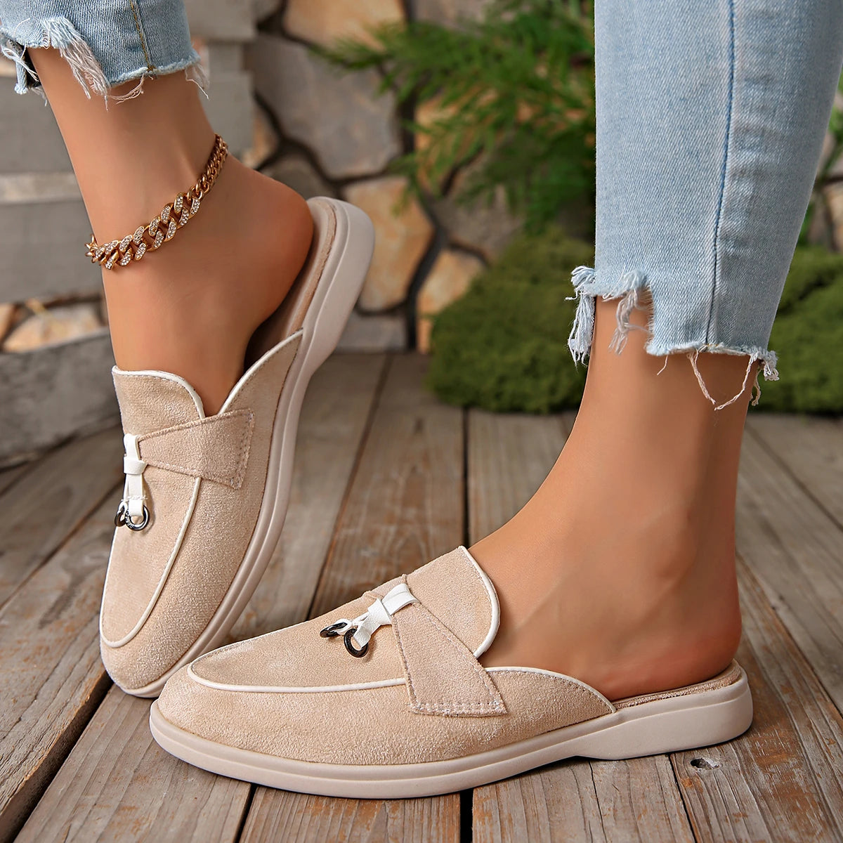 Four Seasons Women Suede Tassel Decor Backless Mule Loafers Non-Slip Flat Sole Slip-On Office Work Daily Casual Walking Shoes
