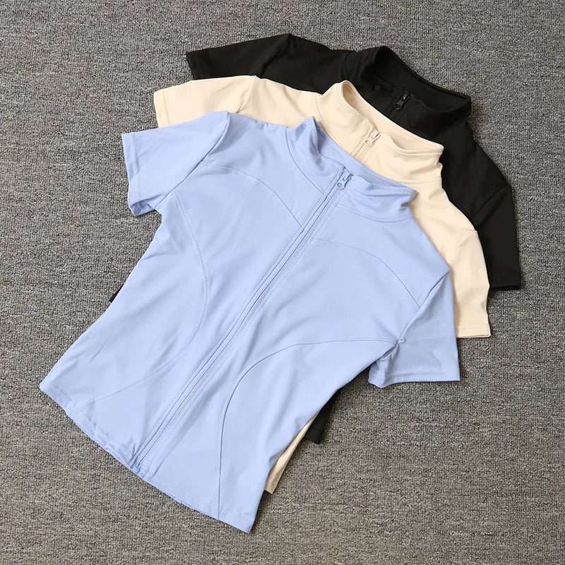 Summer High Quality Waist Slimming Training Tops Women's Quick-drying Tight Stand Collar Full Zipper Short Sleeves Yoga Shirts