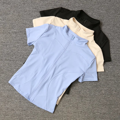 Summer High Quality Waist Slimming Training Tops Women's Quick-drying Tight Stand Collar Full Zipper Short Sleeves Yoga Shirts
