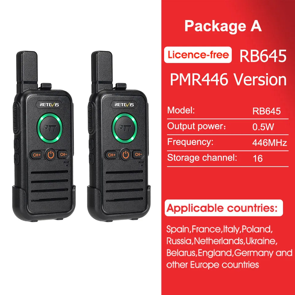 Retevis RB645 Walkie Talkie PMR446 Dual PTT Professional Portable Lincense-free Two Way Radio VOX USB-C for Hotel Restaurant