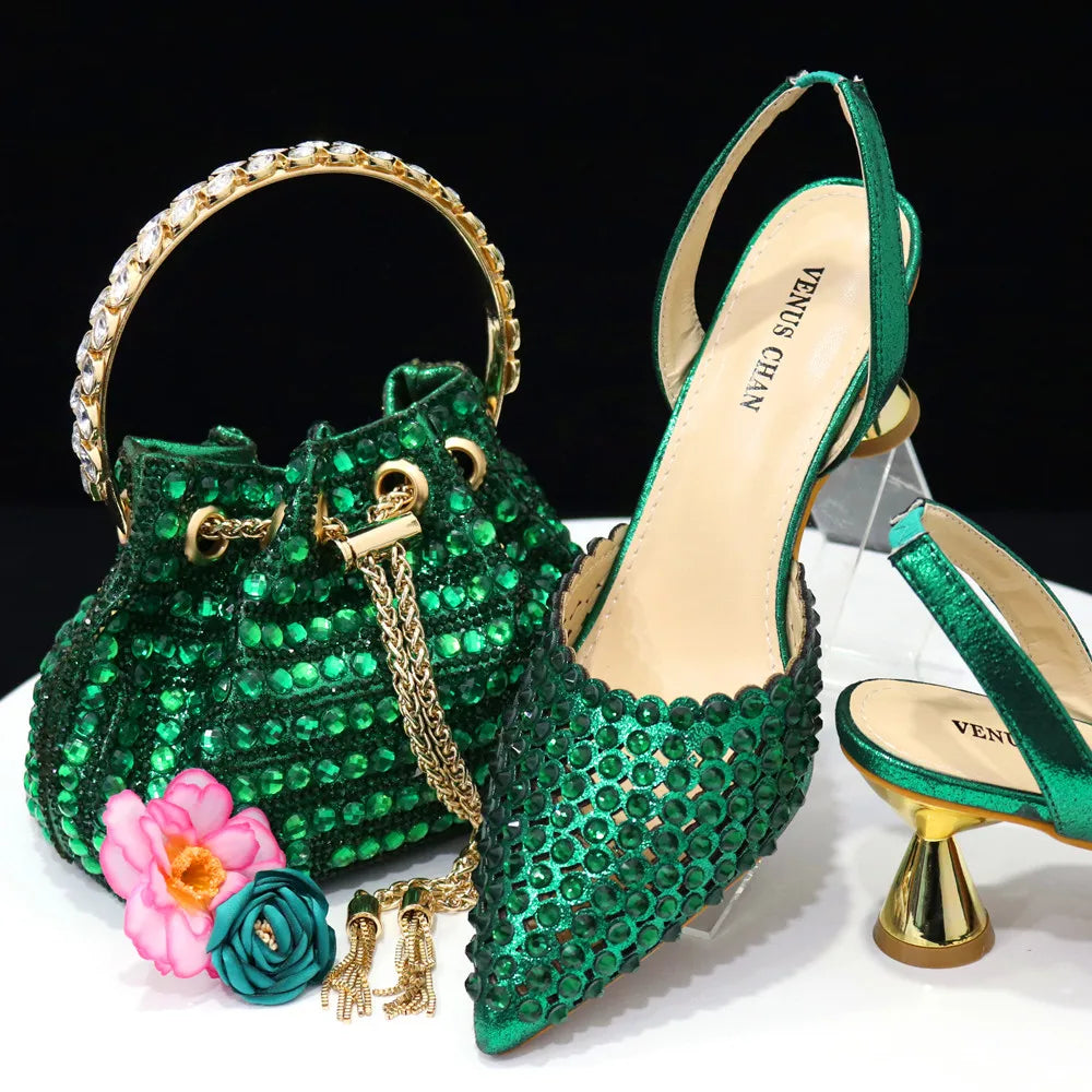 Elegant Multicolor Rhinestone Slingback Heels & Bucket Bag Set Luxury Crystal Matching Kit for Wedding Party Evening Bridal Form