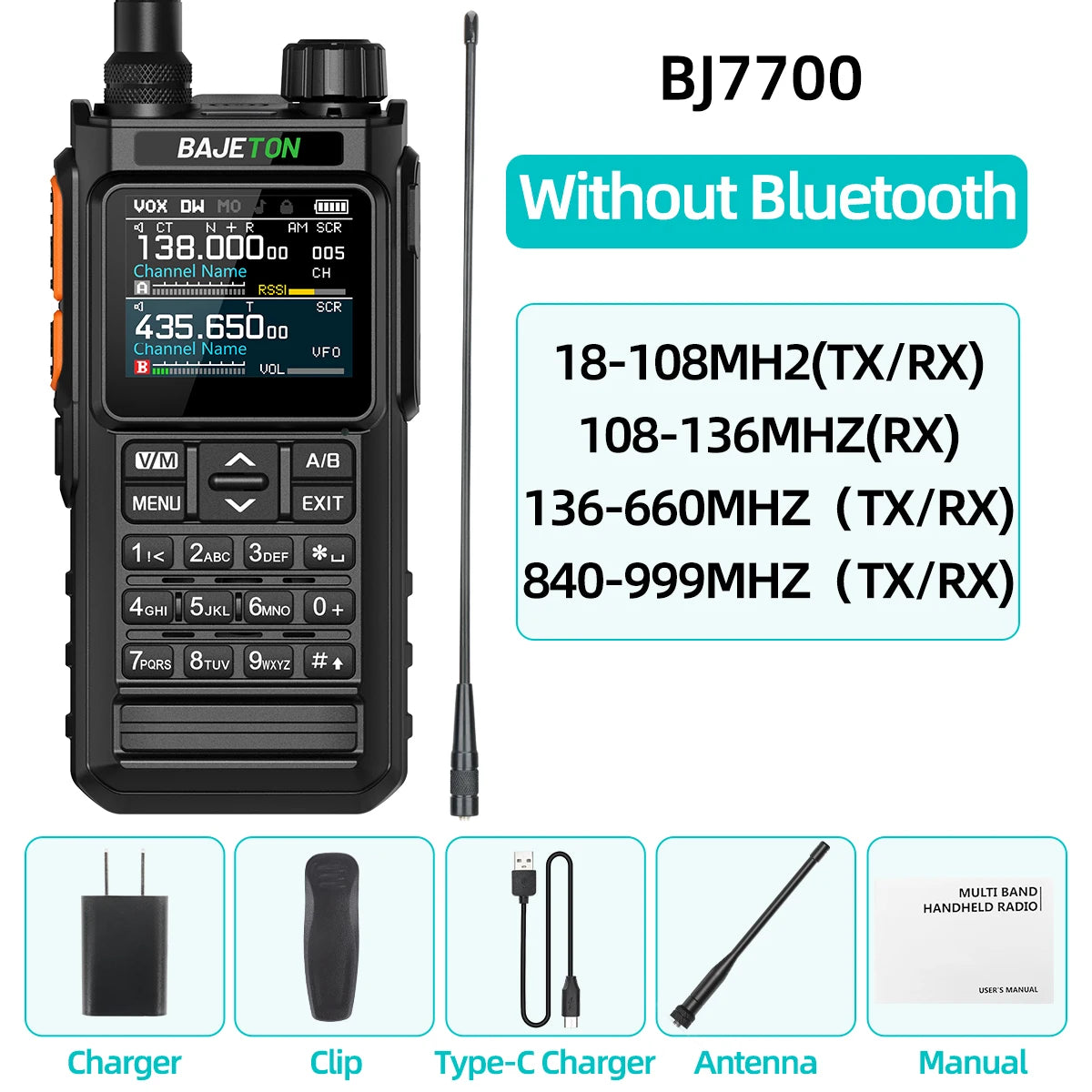 BAJETON BJ7700 Walkie Talkie  Portable  Full Band Bluetooth Programmer Noise Reduction Spectrum Analyzer AM Two Way Radio BT8000