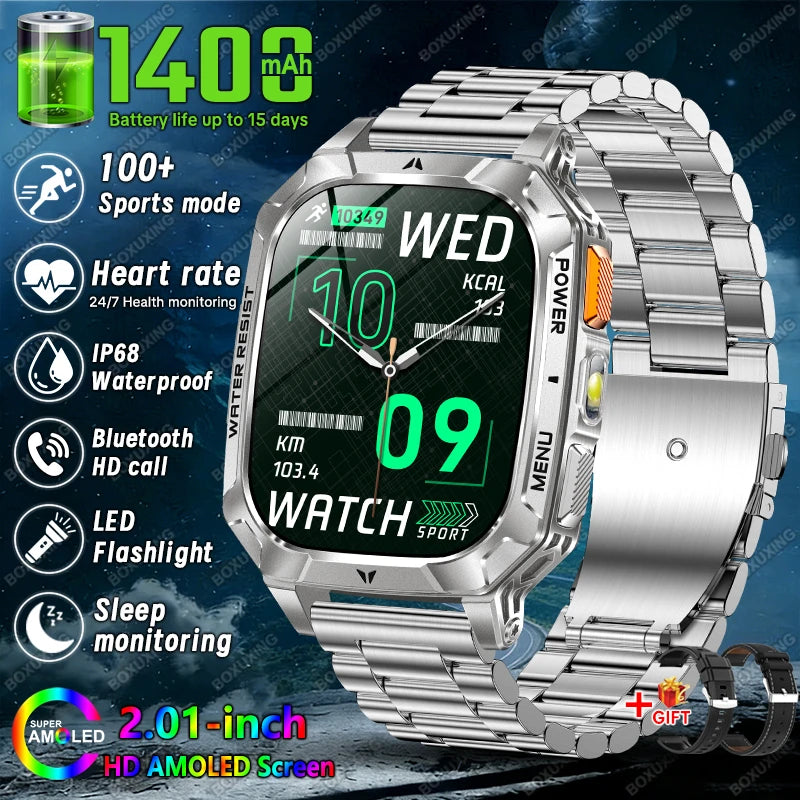 New 1400 mAh Battery Military Smartwatch Men IP68 Waterproof Flashlight Health Monitor Sports Call Smart Watch For iOS Android