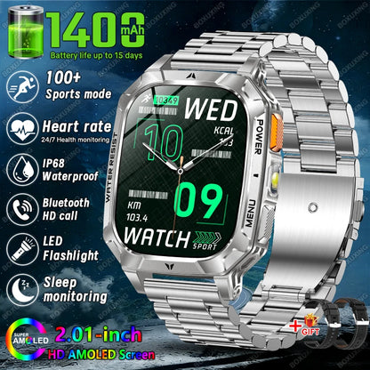 New 1400 mAh Battery Military Smartwatch Men IP68 Waterproof Flashlight Health Monitor Sports Call Smart Watch For iOS Android