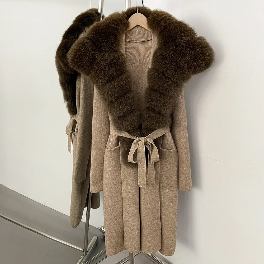 OFTBUY Fashion Warm Belt Real Fox Fur Cardigan New Natural Fur Collar Long Knit Jacket Women Atrumn Winter Top Clothing Female