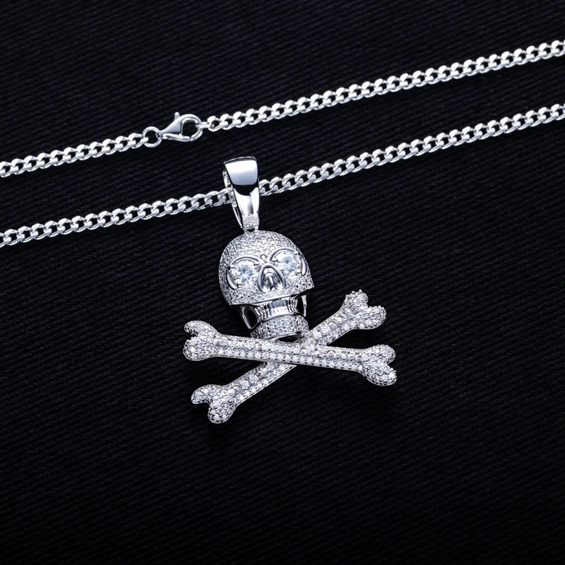 MossanRappr 3.35cttw Moissanite Skull Pendant Iced out Hip Hop Necklace 925 Sterling Silver D Color Fashion Jewelry Gift for Men