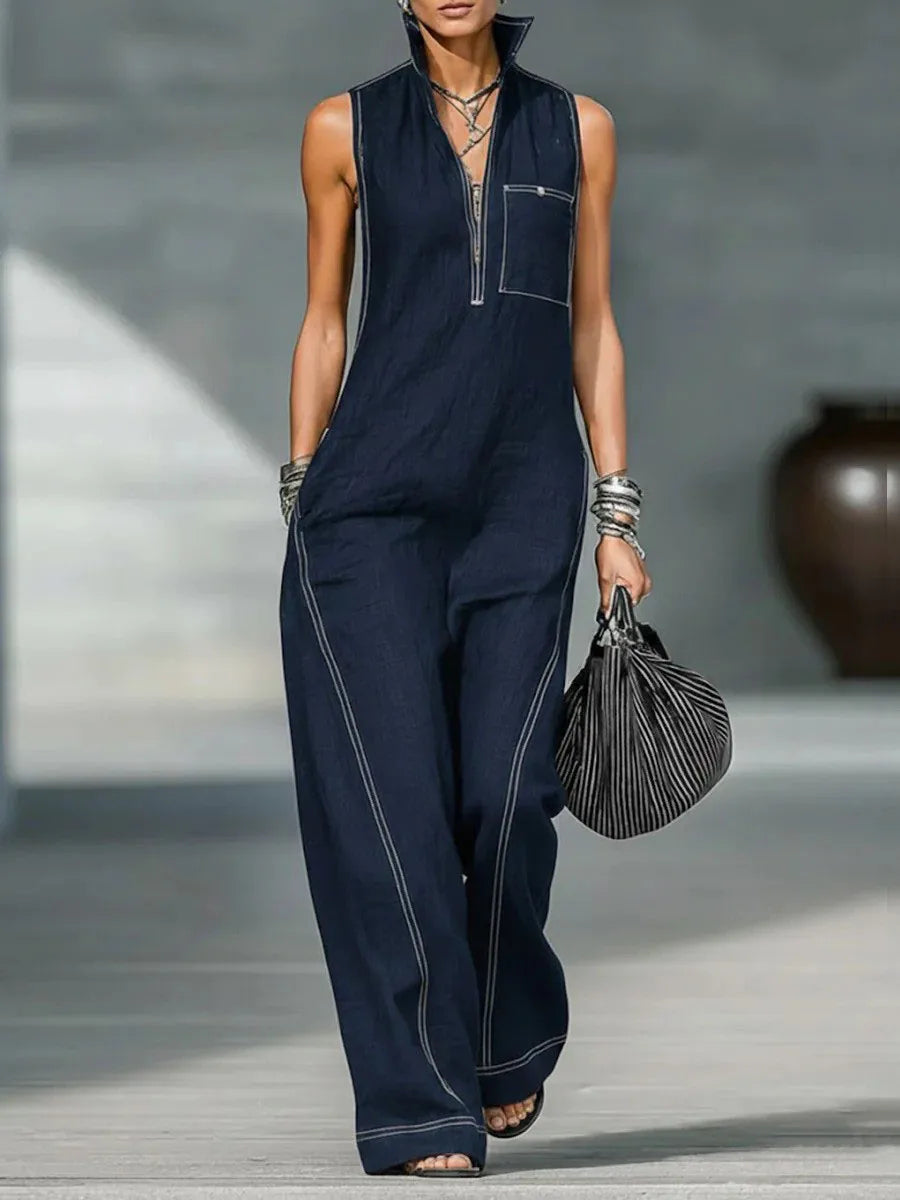 Women's 2026 New Mandarin Collar Sleeveless Jumpsuit – Linen Cotton Loose Fit Romper  Casual Wide Leg One Piece