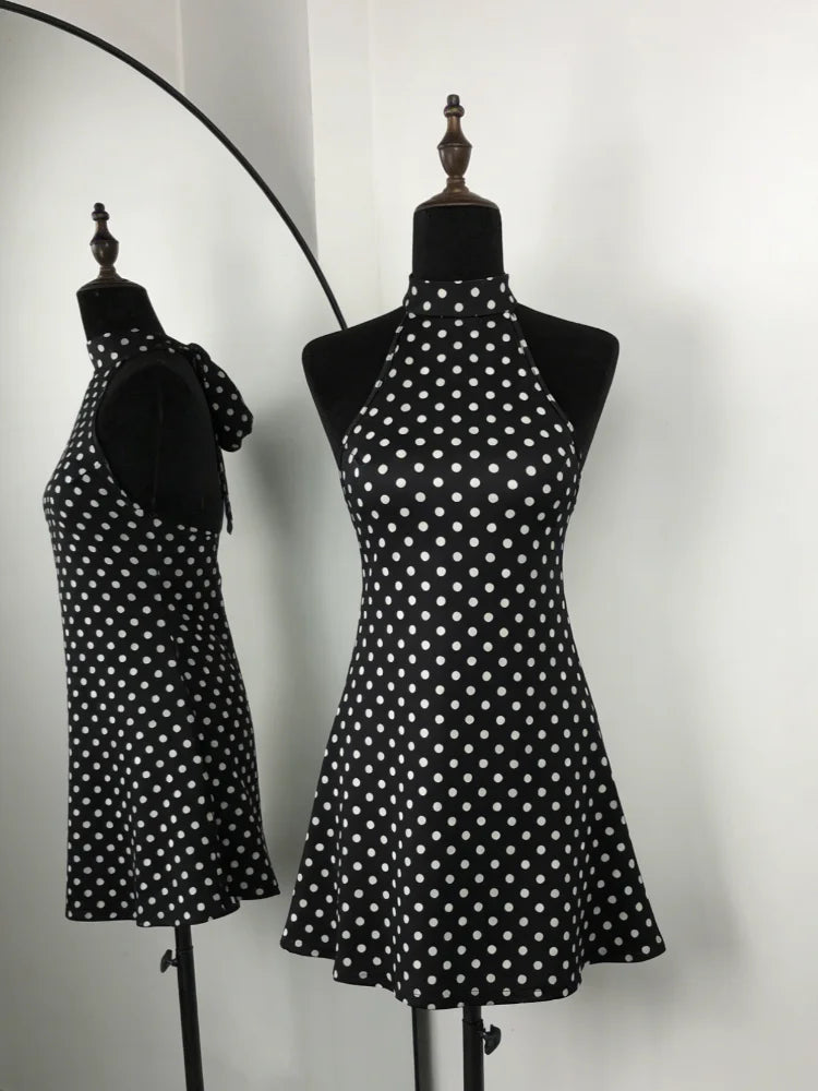 Polka Dots Halter Mini Dress Elegant Backless Sleeveless Cinched Waist Short Dresses Lace Up Skirts 2026 NEW Summer Lady Dresses