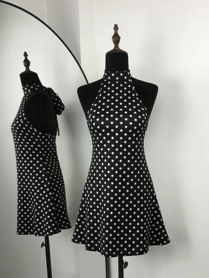Polka Dots Halter Mini Dress Elegant Backless Sleeveless Cinched Waist Short Dresses Lace Up Skirts 2026 NEW Summer Lady Dresses