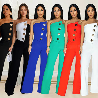 Sexy Backless Strapless Jumpsuit Summer Women Fashion Solid Button Sleeveless Slim Fit Wrap Hip Jumpsuits Elegant Office Romper