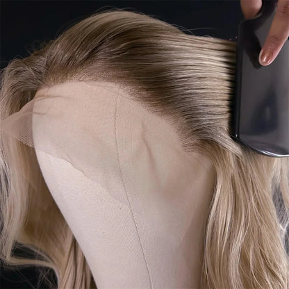 Blonde Balayage Lace Front Wig Free Part HD Lace Wig Realistic Look Dark Brown Roots Natural Wavy Synthetic Heat Resistant Fiber