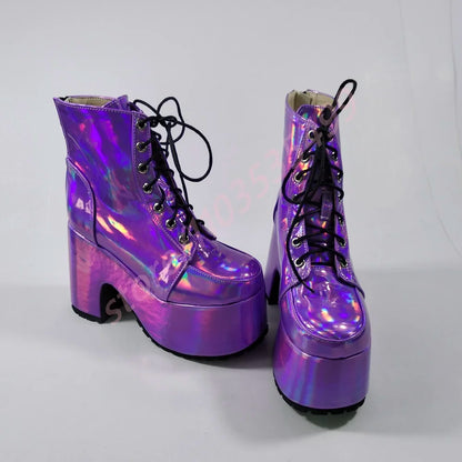 Thick Sole Round Toe Punk Party Boots 2025 New Street Rock Lace-Up Motorcycle Boots Fashion 34-48 Thick High Heel Ankle Boots