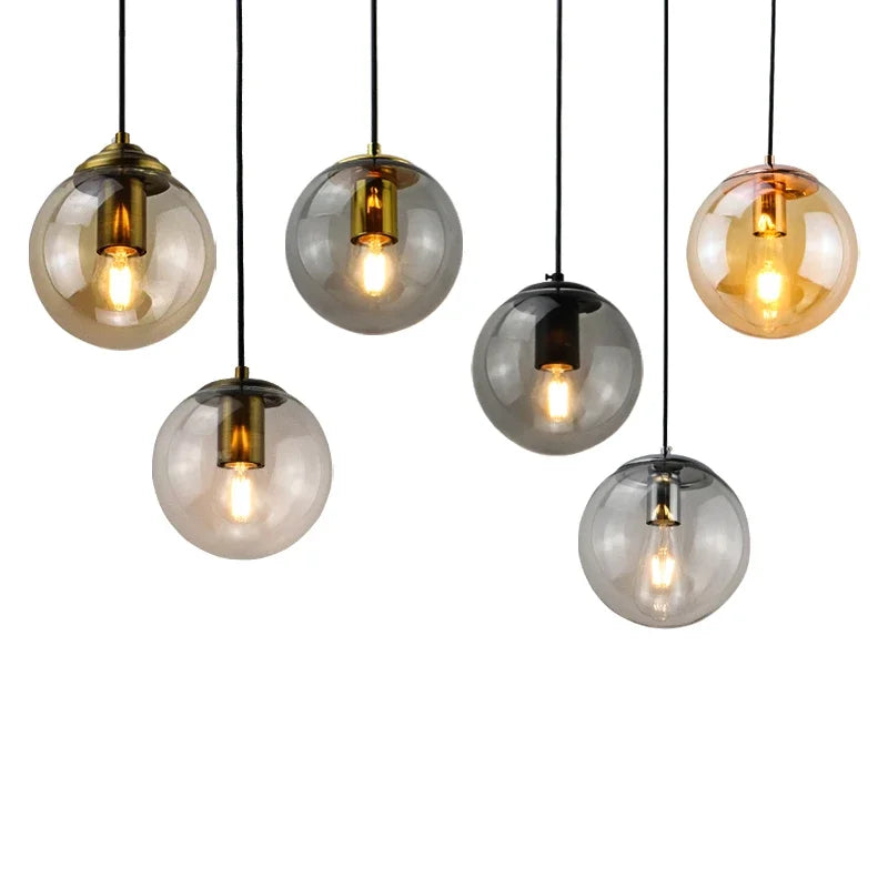 Modern Simple Glass Chandelier Bar Counter Restaurant Gold Hanging Lights Silver Metal Amber Ashtray Ball Glass Suspension Lamp