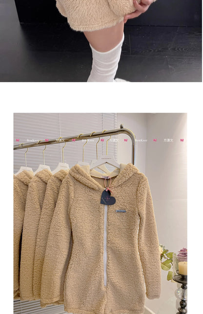 Pink Rabbit Hooded Fluffy Jumpsuits Sweet Zipper Long Sleeve Solid Color Rompers Flannel Onesie Shorts Pajamas Loungewear
