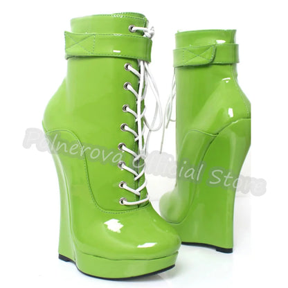 Gothic Punk Wedges Lace-Up Women Platform Boots Hoof Design Super High Heel Side Zipper Boots Unisex Pole Dance Party Shoes