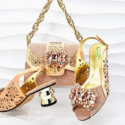 New Lady Style Shoes and Bag Set Round Heels Nigerian Fashion Diamond Decorated Women's High Heels Bag 5.5cm