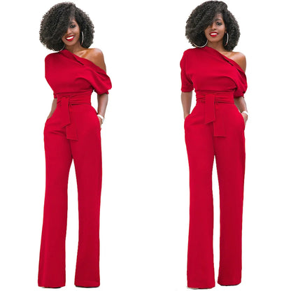 2024 Summer New Fashion Women's Jumpsuit Solid Color Slanted Shoulder Elegant Temperament Sleeveless Long Wide Leg Jumpsuit