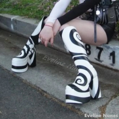 Black White Turbine Pattern Platform Boots Women Round Toe Chunky Heel Side Zipper Knee High Boots 2025 New Design Stretch Boots