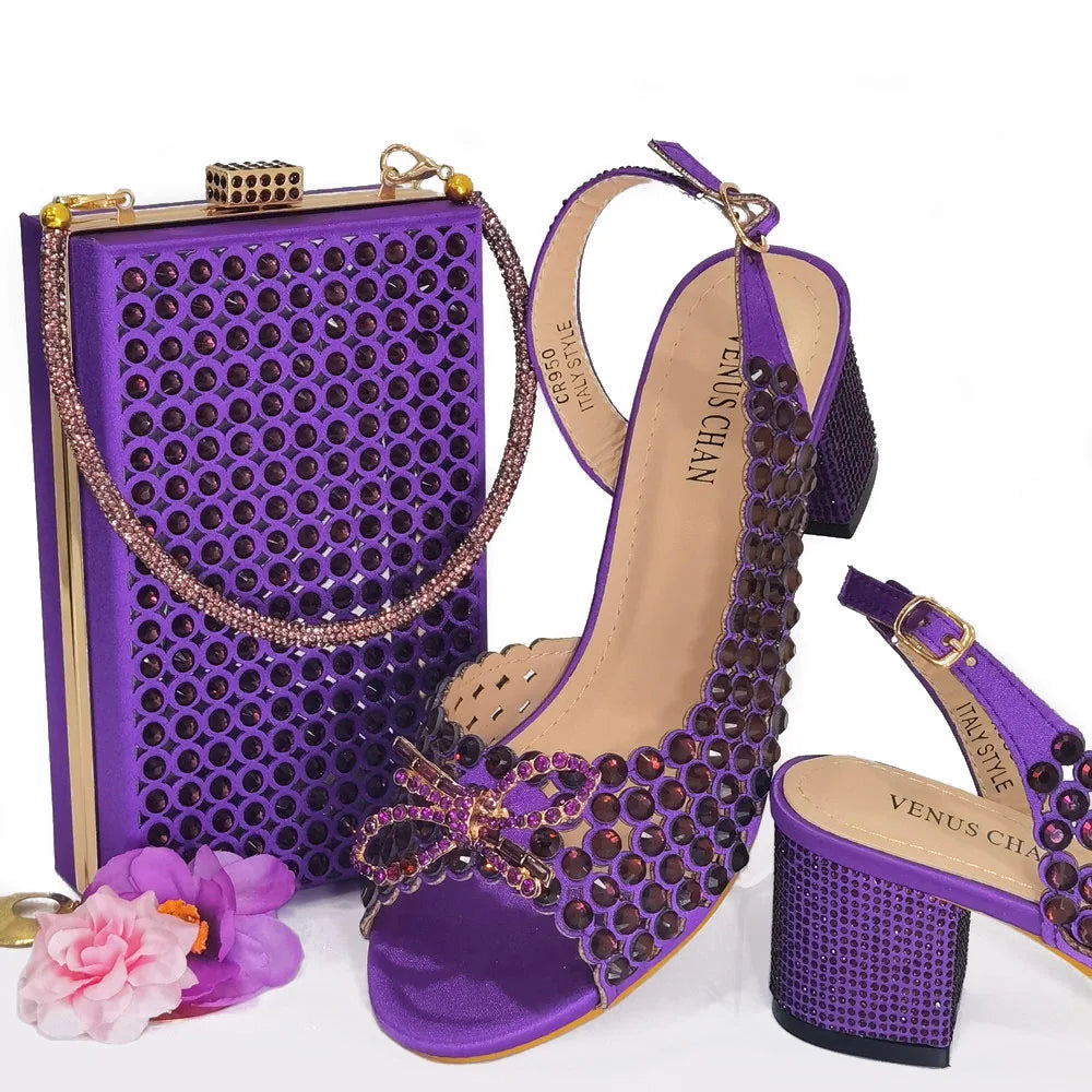 2024 New Italian Design Full Drill Elegant Wine Evening High Heels Wedding Party Shoes Matching Clutch Handbag