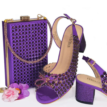 2024 New Italian Design Full Drill Elegant Wine Evening High Heels Wedding Party Shoes Matching Clutch Handbag