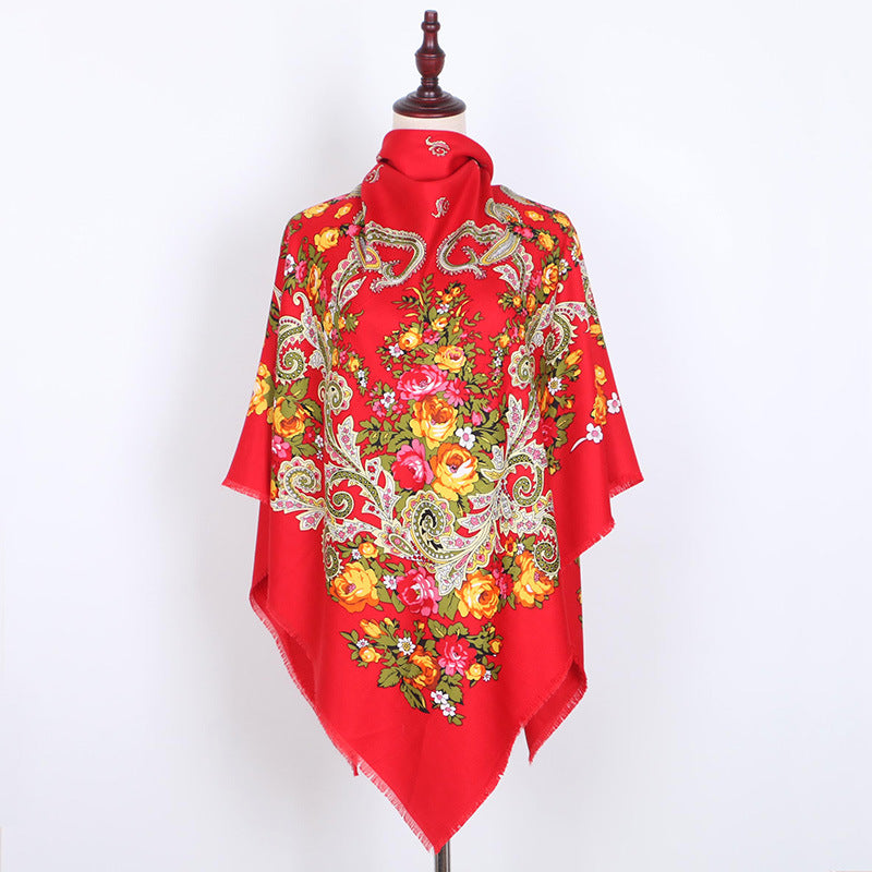 Russian Women Big Size Square Scarf Luxury Floral Print Bandana Wraps Female Retro Short Tassel National Shawl