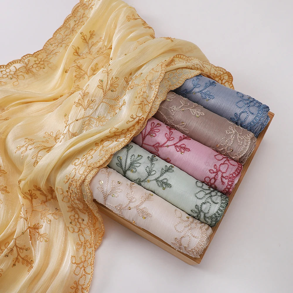 Luxury Sequin Floral Hijab Shimmer Shawl Glitter Shiny Headscarf Elegant Muslim Head Scarf for Wedding Soft Flowy Lace Edge