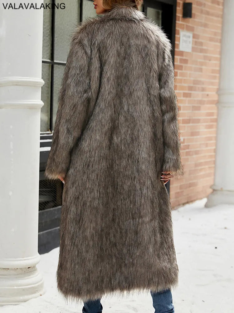 2026 Winter Stand Collar Faux Fur Long Coat Women Elegant Long Sleeve Fluffy Plush Jacket Lady Casual Thick Warm Furry Outwear