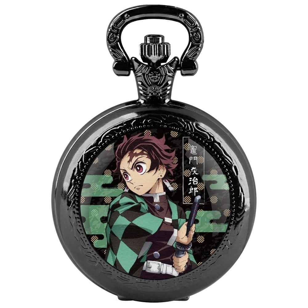 Kamado Tanjirou Design Glass Dome Quartz Pocket Watch With Durable Chain Arabic Numeral Dial For Men And Women Creative Gifts