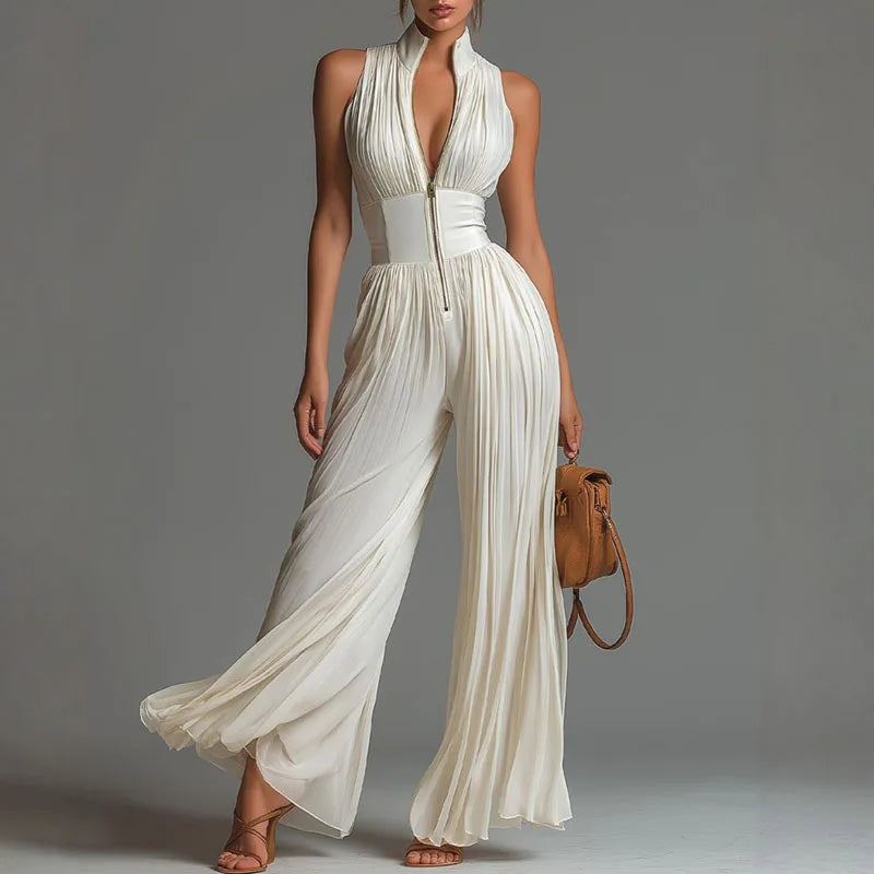 Women Elegant Chiffon Sleeveless Jumpsuit High Waist Pleated Flowy Wide Leg One Piece Overalls Holiday Casual Streetwear Rompers