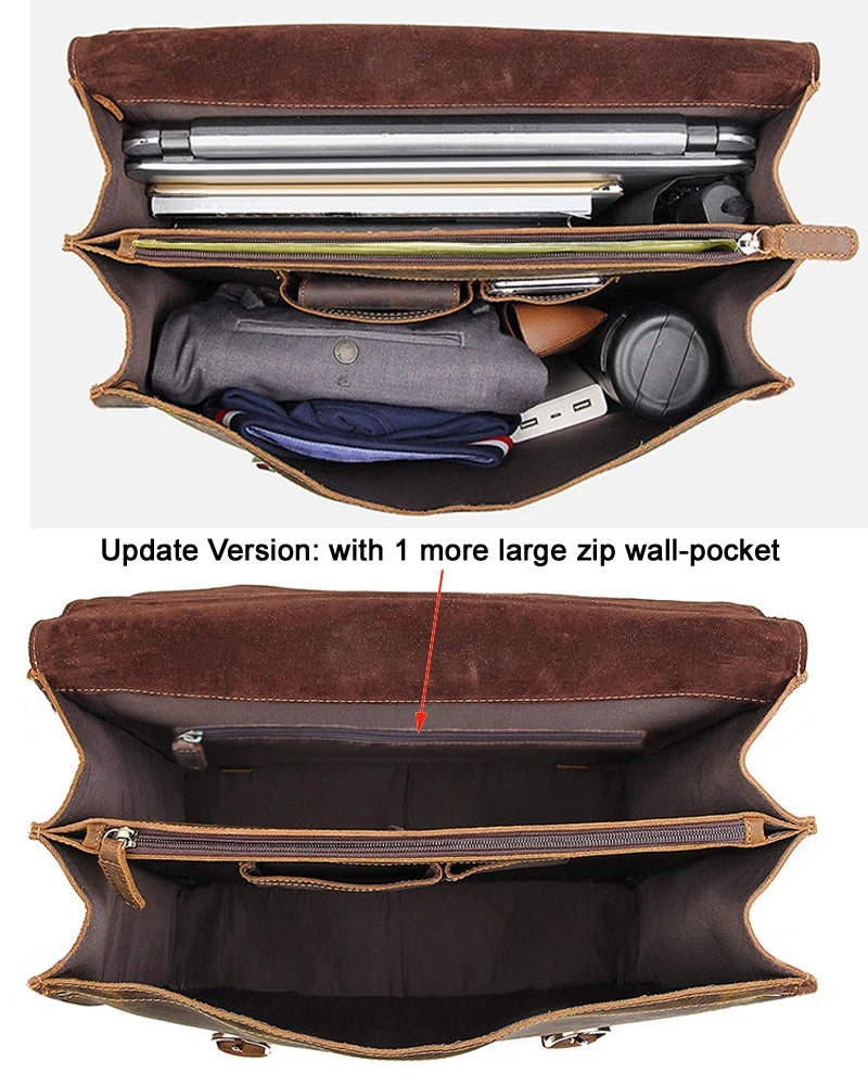 Vintage Crazy Horse Genuine Leather Men Briefcase Large Business Bag Tote Office Bag 15.6“Laptop Case Attache Male Shoulder Bag