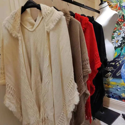 Wedding Party Cloak Hooded Knitted Shawl Bohemian Winter Warm Ladies Tassel Cape Oblique Stripe Wraps Scarf Coat