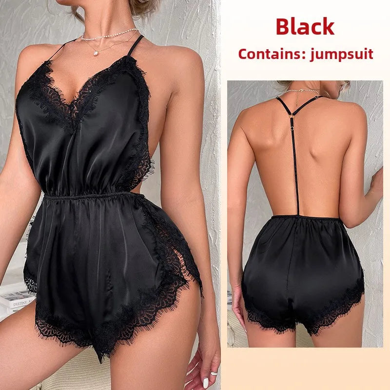 Sexy Adult Womens Clothing Temptation Camisole Shorts Pajamas One-Piece Ice Silk Nightdress Solid Color Print V-Neck Loungewear