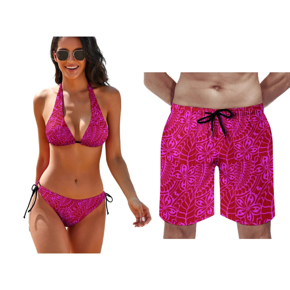 Polynesian Pattern Floral Print Lace-Up Swimsuit Pool Party Couple Suit Summer Custom Couple Suit Women Bikini Men Beach Pants