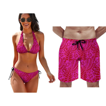 Polynesian Pattern Floral Print Lace-Up Swimsuit Pool Party Couple Suit Summer Custom Couple Suit Women Bikini Men Beach Pants
