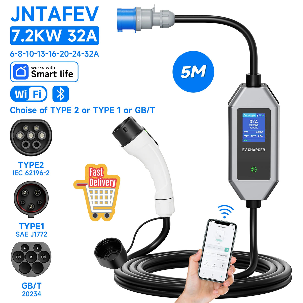 JNTAFEV Portable Charger 7.2KW 32A Type2 IEC62196-2 Electric Car Charger Type1 J1772 EV Charger GB/T CEE Plug WIFI APP Control