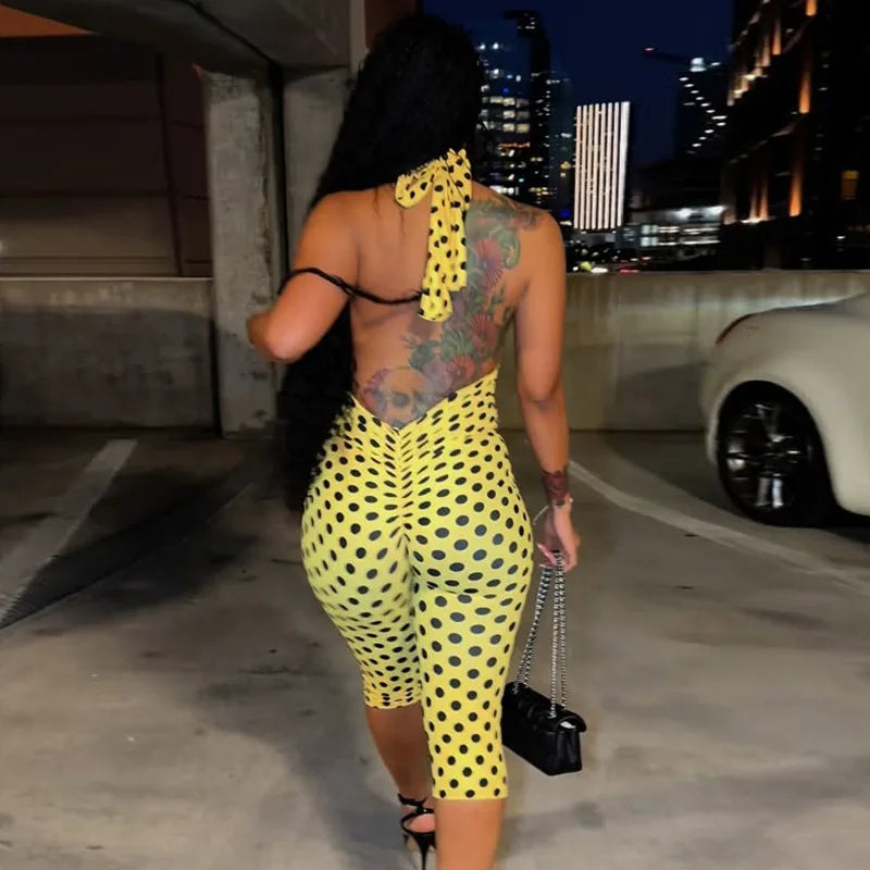 FAGADOER Fashion Color Dot Printing Bodycon Jumpsuits Woman Halter Sleeveless Backless Rompers Female Streetwear Overalls 2026